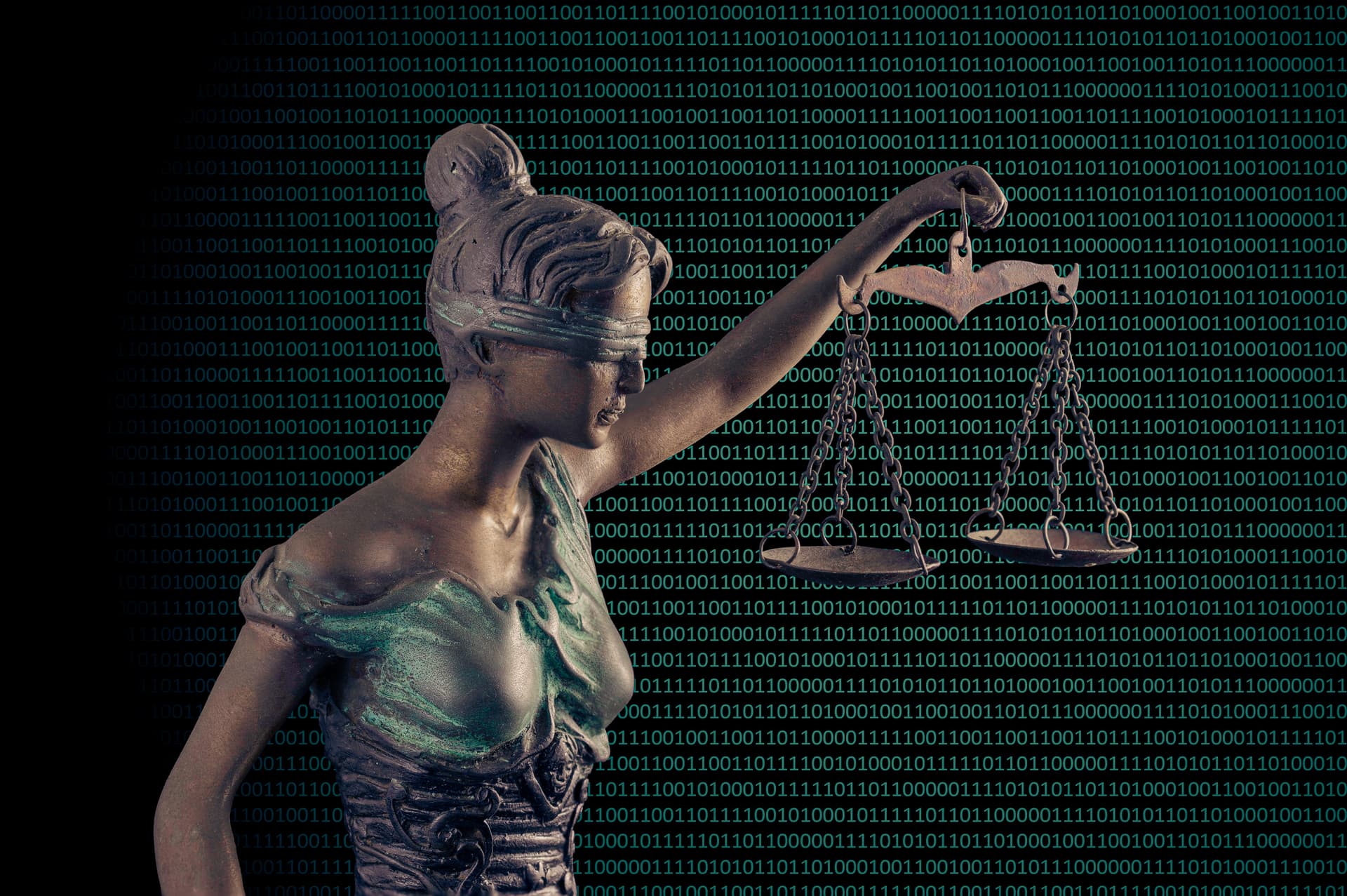 Lady justice on digital background (Concept of artificial intelligence lawyer)
