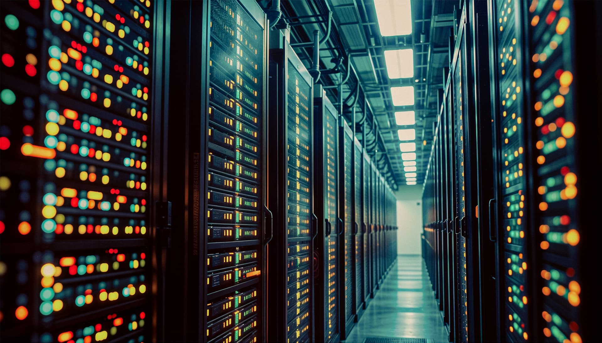 Data centers filled with rows and rows of servers as blinking light indicate constant processing, high detail, cinematic angle composition